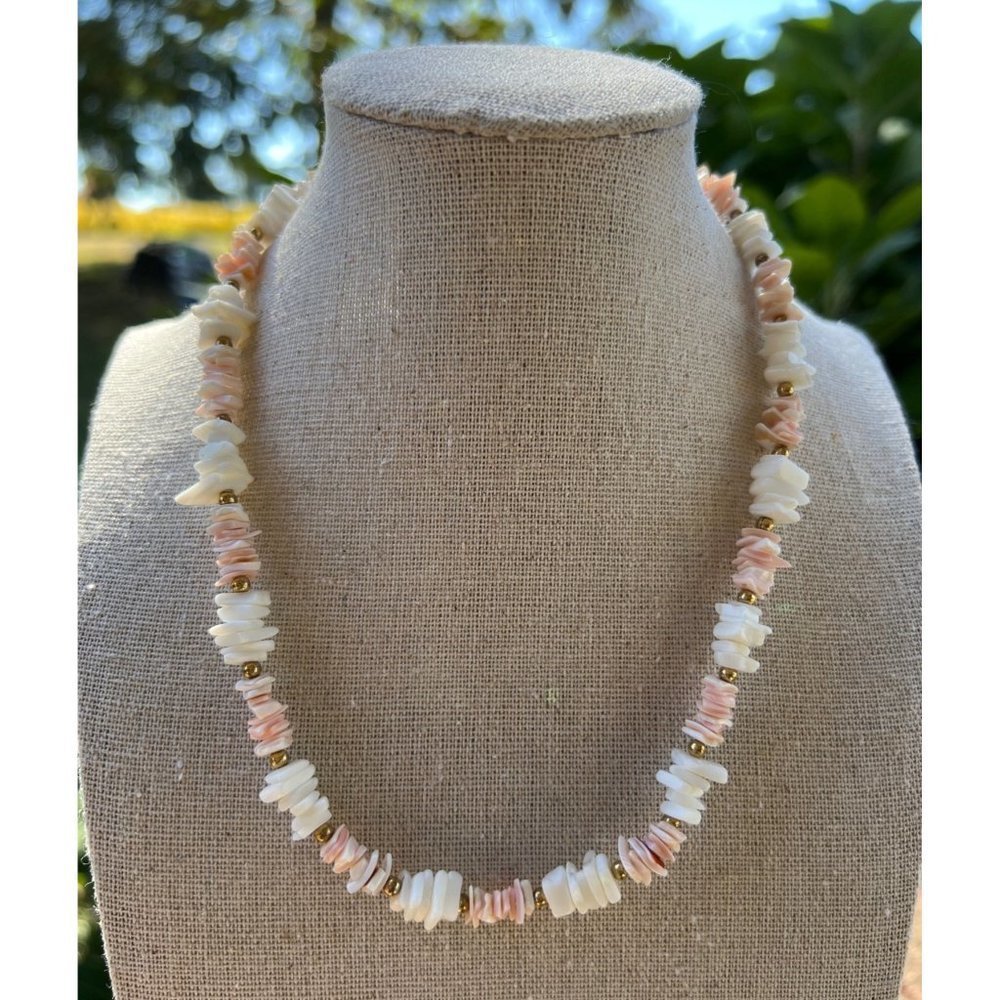 Artisan Pink & White Puka Chip Shell Necklace— 18”